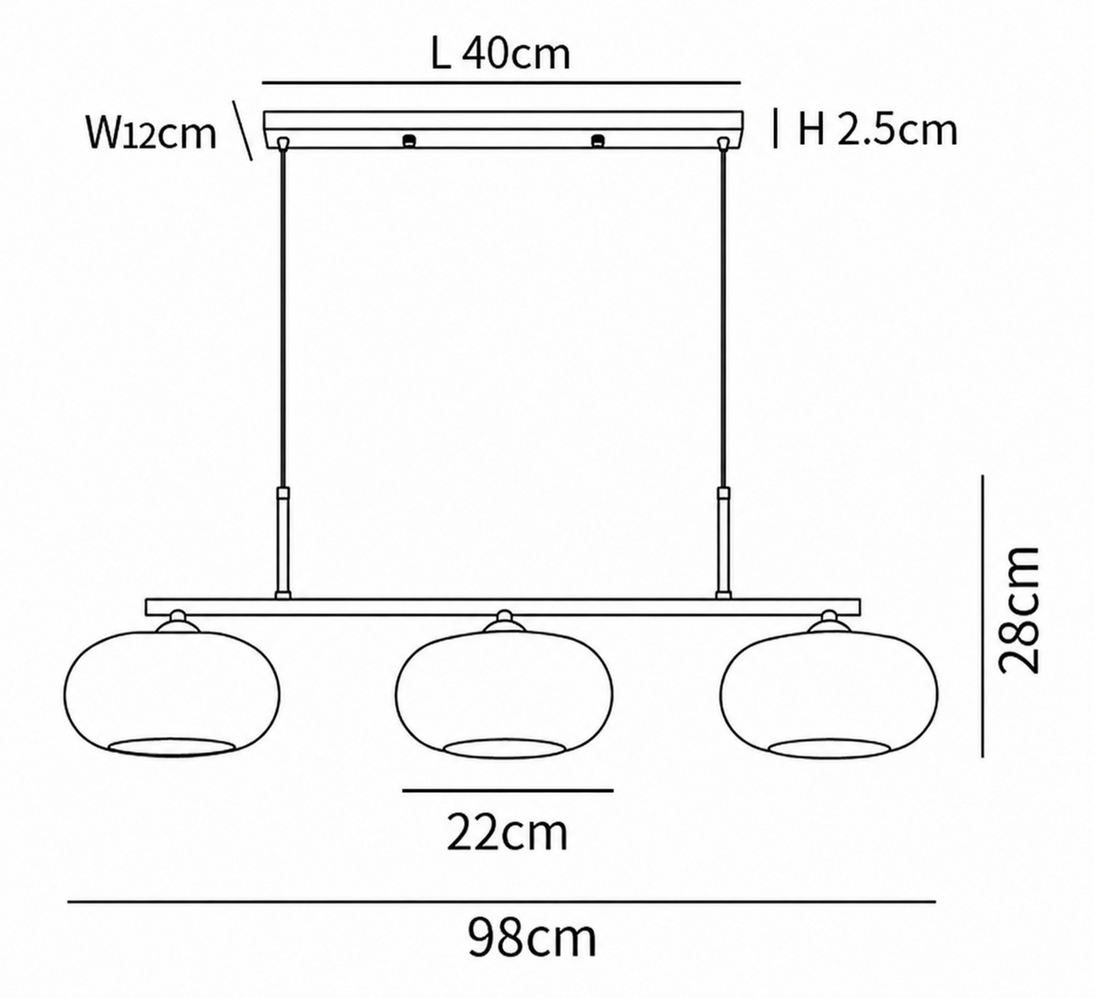 Sculptural Pendant Light — size reference L38.5 x H11 3 heads