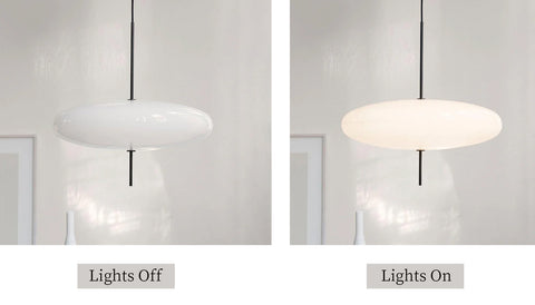 Opal Disc Suspension Lamp — light on and off comparison