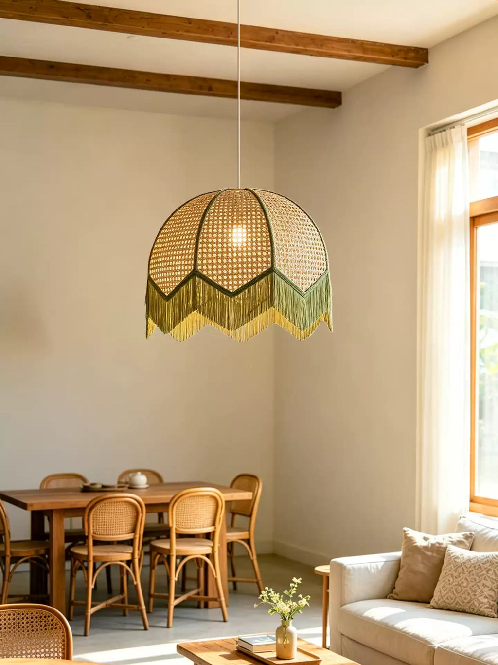 Rattan Fringe Dome Pendant Light