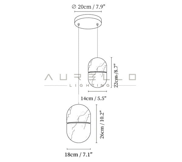 YUM Alabaster Pendant Light — 2 heads size diagram