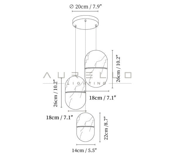 YUM Alabaster Pendant Light — 3 heads size diagram