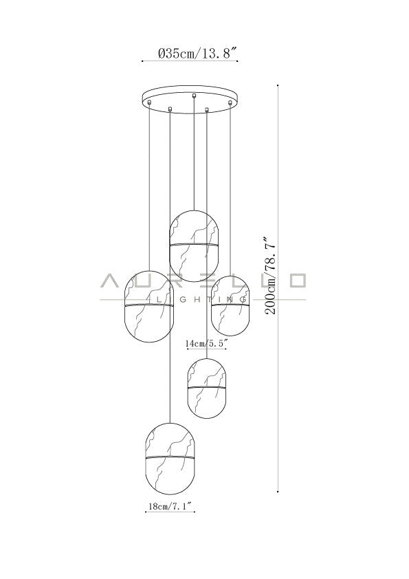 YUM Alabaster Pendant Light — 5 heads size diagram