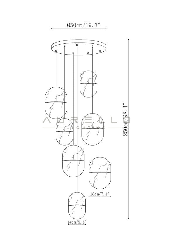 YUM Alabaster Pendant Light — 7 heads size diagram